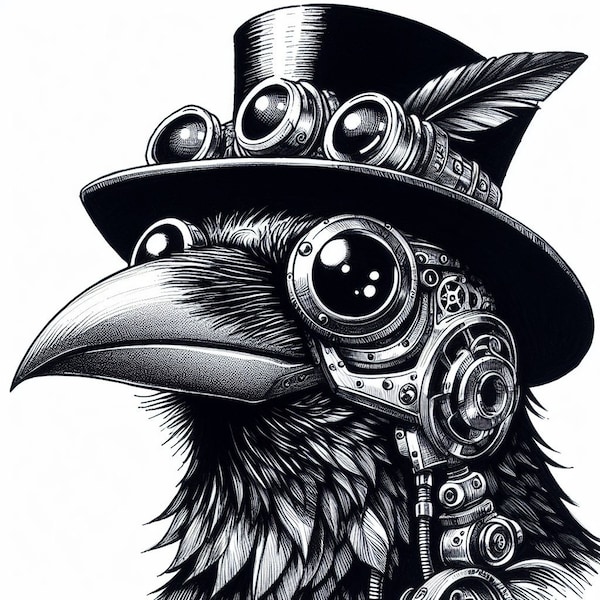 Retro Steam Punk Raven #4 Print Wall Art Black and White Robot Digital Download Steampunk Raven Print