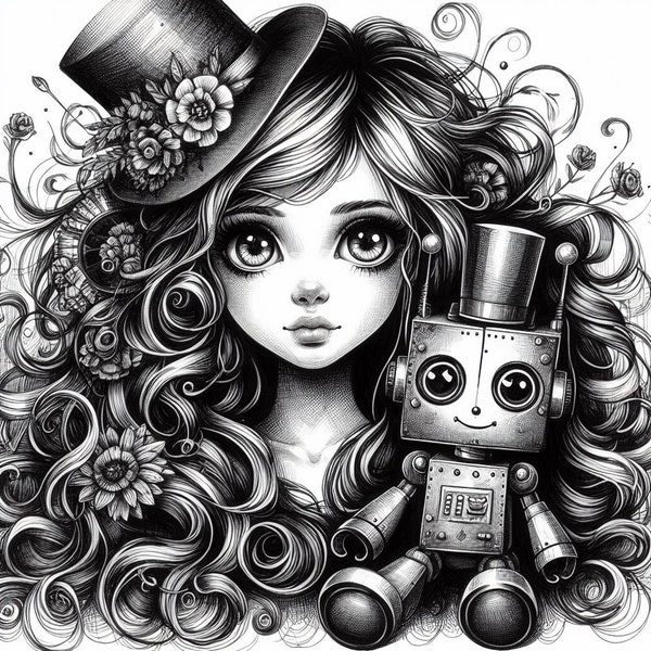 Retro Robot Girl with Robot Doll Print Wall Art Black and White Robot - Bolt! Digital Download Robot Girlwith Doll