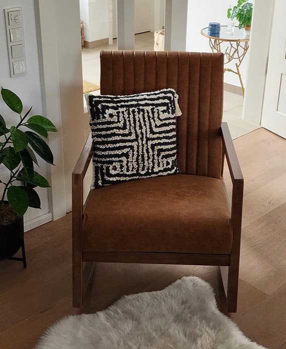 Mid-Century Armchair Leather Rocking Chair Retro Armchair Padded Accent Chair with Solid Wood Legs,
