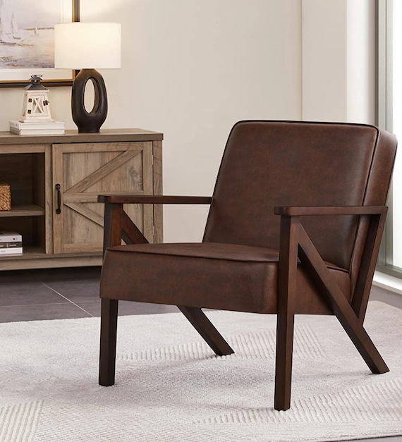 Mid-Century Armchair Leather Chair Retro Armchair Padded Accent Chair with Solid Wood Legs, brown