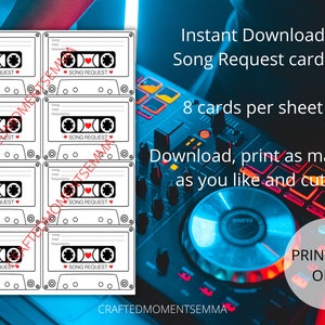 Cartes de demande de chanson imprimables, cartes de demande de chanson, demande de chanson karaoké, 8 cartes par feuille, téléchargement immédiat