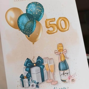 May include: A golden 50th anniversary card with teal and gold balloons, a bottle of champagne, two champagne glasses, and two gift boxes. The card says "Congratulations on your Golden Wedding Anniversary" and "Mary & Kenny 06/05/1973 - 06/05/2023".