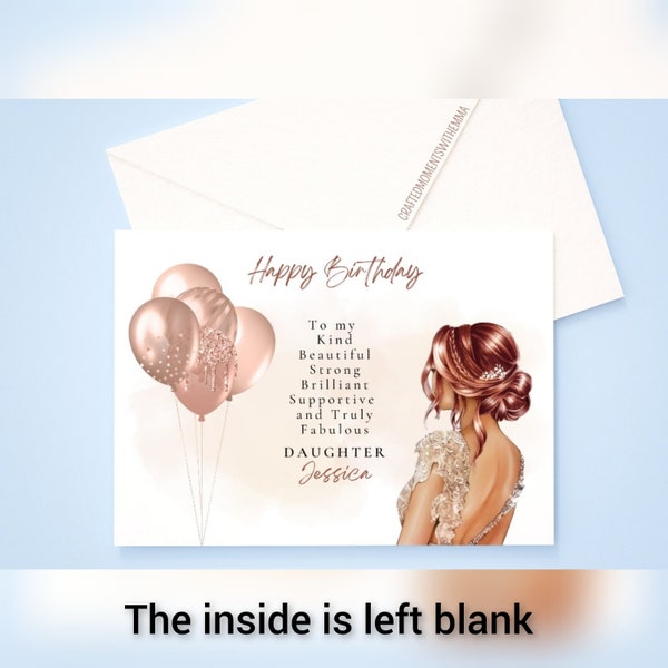 Personalised Birthday Card for My or Our Daughter and Female Relations, Happy Birthday, Birthday Card, Hair Embellished with gems. 7 x 5"
