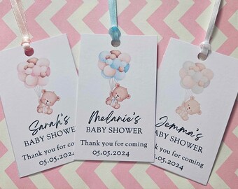 Baby Shower Tags, Personalised Baby Shower Tags. Blue, Pink or Neutral. Set of 10 tags, Baby Bear with Balloons, Ribbon included