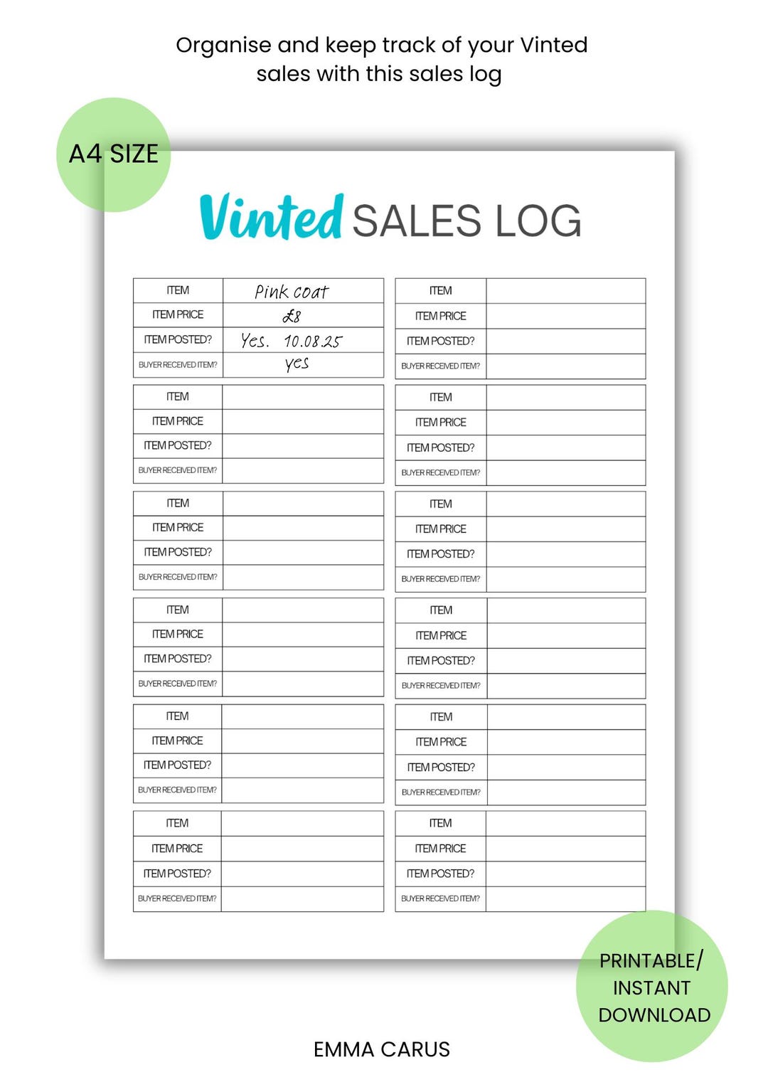 Printable Vinted Sales Log, Simple Minimalist Style, Instant Download ...