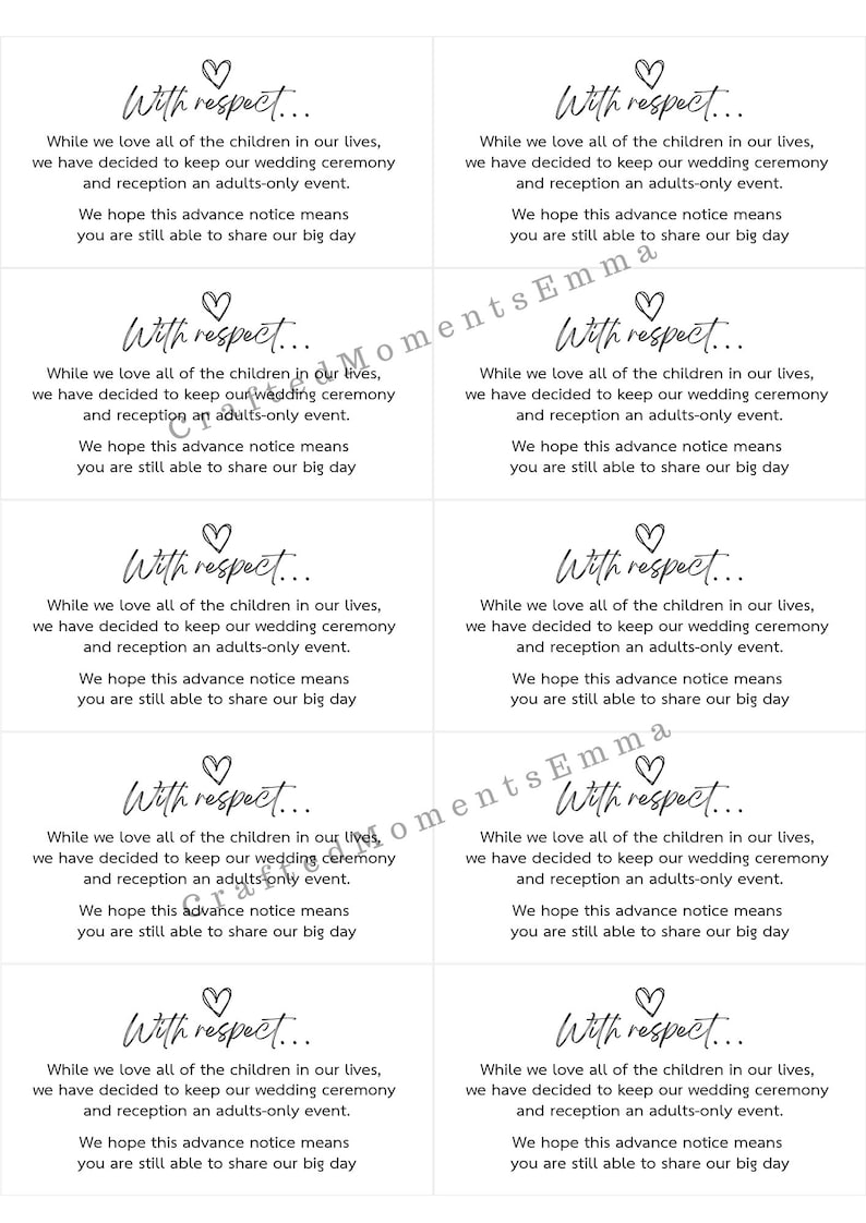 Printable No Children at Wedding Cards, Invitation Inserts, Print at Home, Adults Only Wedding ...