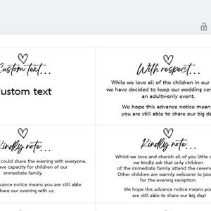 May include: White cards with black text, featuring wedding announcements. The cards include phrases like "Custom text," "With respect," and "Kindly note," each topped with a heart symbol. The announcements address event details.