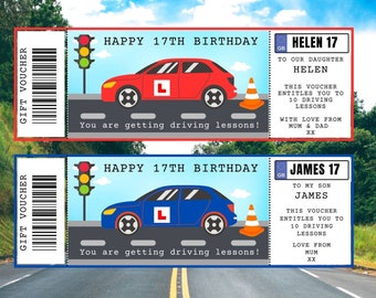May include: Two printable gift voucher templates for driving lessons. The top voucher is red and says "Happy 17th Birthday Helen 17" and the bottom voucher is blue and says "Happy 17th Birthday James 17". Both vouchers feature a cartoon car with an L plate and a traffic cone.