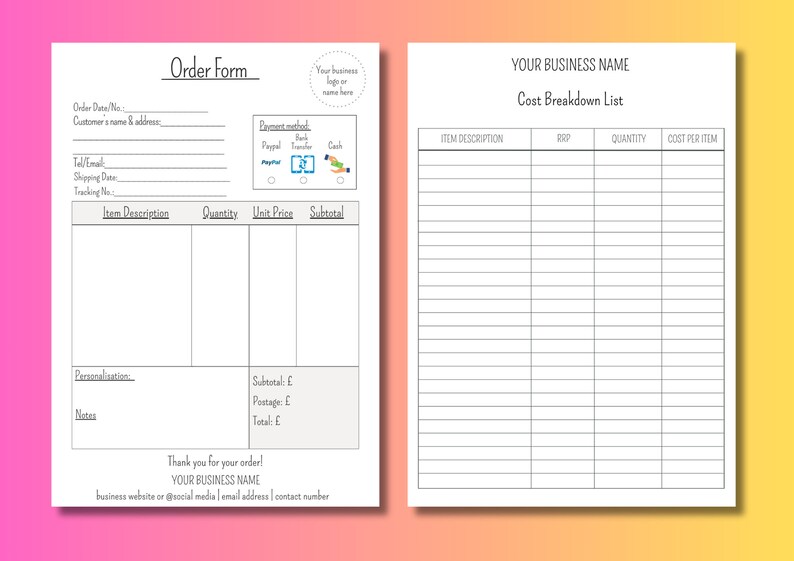 Small Business Forms Bundle, Order Form, Inventory Log (PDF) - Etsy