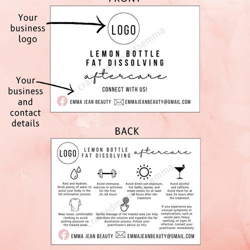 Editable Lemon Bottle Aftercare Cards, Printable Fat Dissolving Care Card,  Beauty Salon Esthetician Template