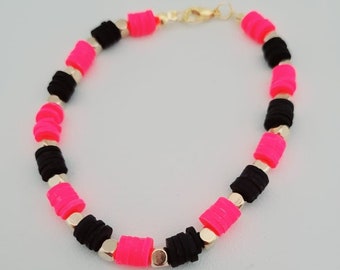 Pink and Black Clay Bead Bracelet