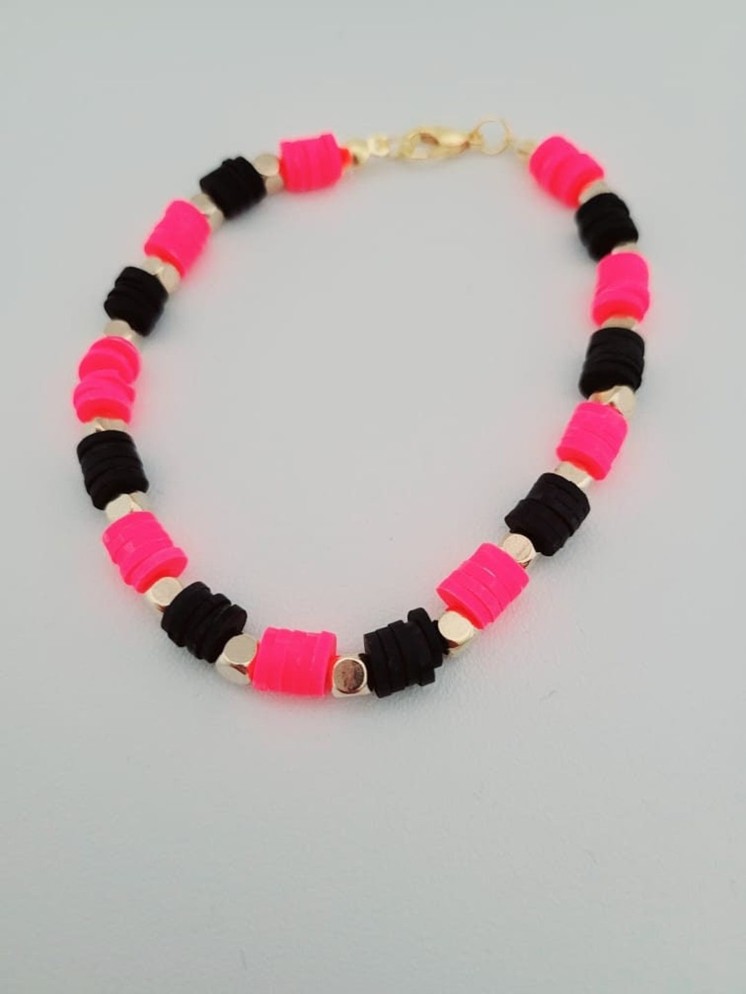 Pink and Black Clay Bead Bracelet 