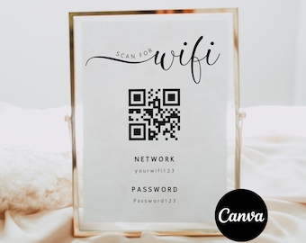 May include: A printable sign with a gold frame, a black and white QR code, and the text "SCAN FOR wifi" in a cursive font. The sign also includes the text "NETWORK yourwifi123 PASSWORD Password123".