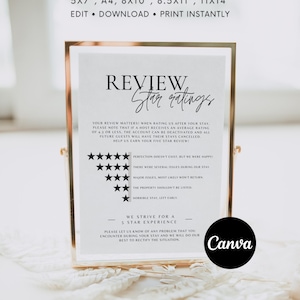 Airbnb Review Sign Template, Airbnb Rating Explanation Template, Editable Airbnb 5 Star Rating Sign, Airbnb Signage, Airbnb Welcome Book