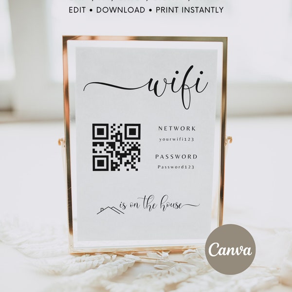 Wifi Password Sign, Wifi Sign Printable, Wifi QR Code, Editable Airbnb Wifi Sign Template, Airbnb Canva Template, Airbnb Sign, Internet Sign