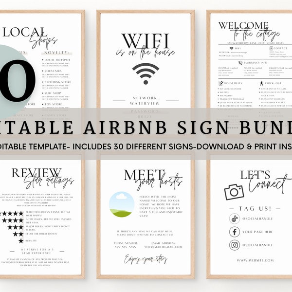 Airbnb Sign Bundle Template Airbnb Signage Signs for Rental Home Wifi Sign Airbnb Welcome Book Check out list Airbnb Host Simple Signs