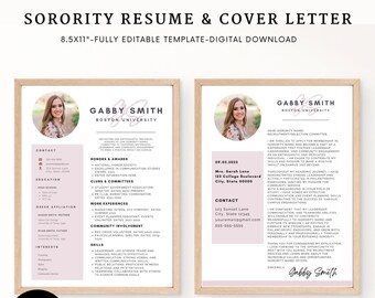 Sorority Resume Template and Cover Letter | Social Resume with Photo and Cover Letter | Easy to Customize | Pink Sorority Resume Template