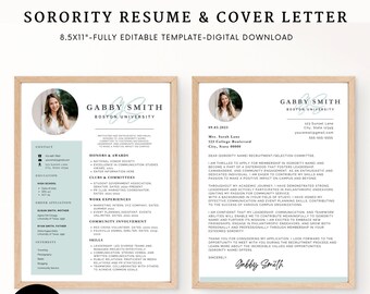 Editable Sorority Resume Template and Cover Letter, Recruitment Resume Template with Photo, Rush Resume Template, Sorority Pack Canva