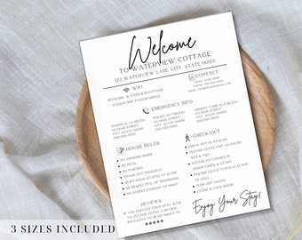 May include: A welcome guide for guests staying at Waterview Cottage. The guide includes information about WiFi, emergency contacts, house rules, check-out procedures, and a review section. The text "Enjoy Your Stay!" is written in a cursive font.