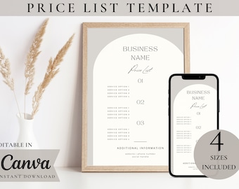 Price List Template Editable Canva, Price List Template, Small Business Price List, Editable Price Sheet, Pricing List, Salon Spa Price List