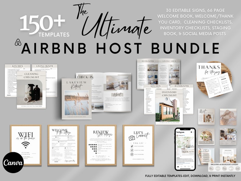 K&ouml;nnte beinhalten: Eine Sammlung von &uuml;ber 150 druckbaren Vorlagen f&uuml;r Airbnb-Gastgeber. Die Vorlagen umfassen Willkommensb&uuml;cher, Reinigungschecklisten, Inventarchecklisten, Inszenierungsb&uuml;cher, Social-Media-Posts und Schilder. Die Vorlagen sind vollst&auml;ndig editierbar und k&ouml;nnen sofort heruntergeladen und gedruckt werden.