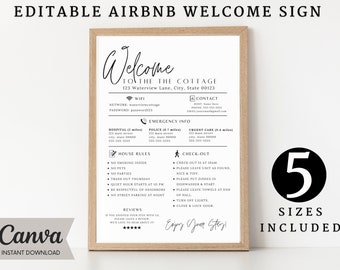 Cartel de bienvenida para anfitriones de Airbnb, alquiler de vacaciones imprimible, póster de llegada de invitados, plantilla para VRBO, cosas que saber, reglas de la casa de playa, Wifi