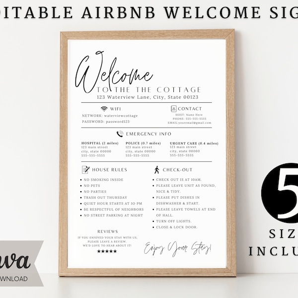 Welcome Sign for Airbnb Hosts, Vacation Rental Printable, Guest Arrival Poster, Template for VRBO, Things to Know, Beach House Rules, Wifi