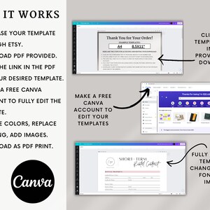 Short-term rental Airbnb contract template with sections for renter information, rental period, rules and restrictions, payment details, security deposit, and more. The form is organized with clear headings & customizable fields for editing in Canva.