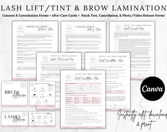 May include: A set of printable forms for lash lift and tint, brow lamination, and aftercare. The forms include consent, consultation, patch test, cancellation, and photo/video release forms. The forms are designed in a pink and white color scheme with a simple and modern aesthetic.
