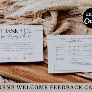 Airbnb ホスト サンキュー カード テンプレート レビュー評価リクエスト 編集可能な Canva Airbnb レンタル テンプレート Airbnb ホスト ウェルカム カード ゲスト フィードバック用
