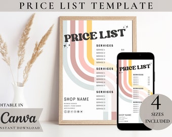 Retro Price List Template Editable Canva, Printable Spa Salon Price List, Hair Pricing Flyers, Instagram Story Template, Bundle Price List