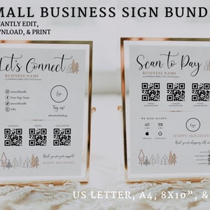 Holiday Business Sign Templates Bundle, Social Media Sign Printable, Custom QR Code Sign, Instagram Follow Us Sign, Scan to Pay Sign Canva