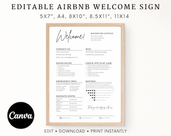 Bearbeitbare Airbnb-Willkommensführer-Beschilderung, druckbare Kurzzeitverleihschilder, Hausregelposter, WLAN-Schild Canva-Vorlage, Airbnb-Reviewschild