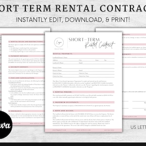 May include: A printable short-term rental contract template with a pink and black color scheme. The template includes sections for cleaning, rental rules and restrictions, payment details, security deposit, fees and cancellation, insurance, and liability. The text "SHORT TERM Rental Contract" is at the top of the page. The text "INSTANTLY EDIT, DOWNLOAD, & PRINT!" is below the title. The text "US LETTER; A4" is at the bottom of the page.