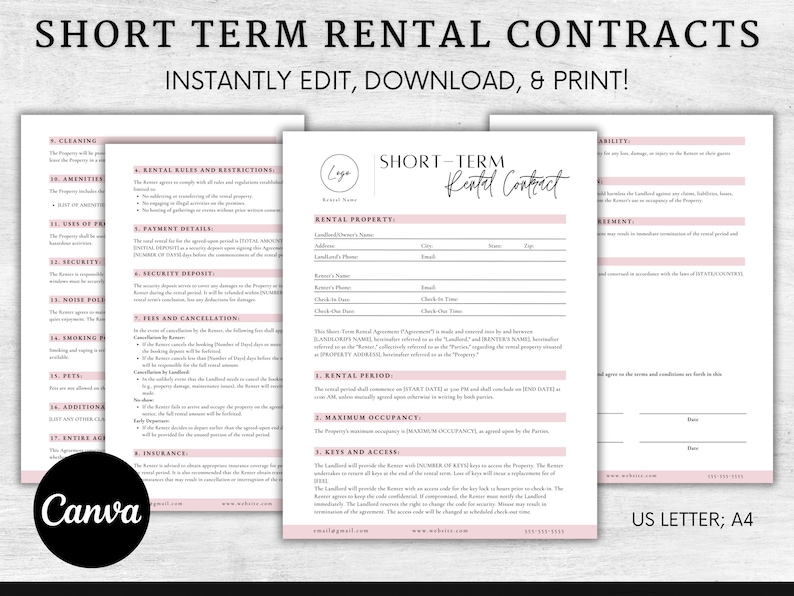 Short-term rental Airbnb contract template with sections for renter information, rental period, rules and restrictions, payment details, security deposit, and more. The form is organized with clear headings & customizable fields for editing in Canva.