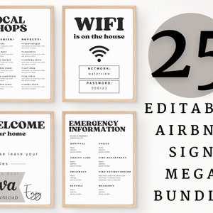 Szablon pakietu znaków Airbnb, edytowalny Airbnb, znaki wynajmu domu, znak Wi-Fi, powitalna książka Airbnb, lista kontrolna, gospodarz Airbnb, proste znaki