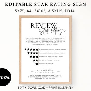 5 Star Rating Explanation Sign Template, Editable Airbnb Star Rating System Explained, Airbnb Sign Template Canva, Vacation Rental Owners