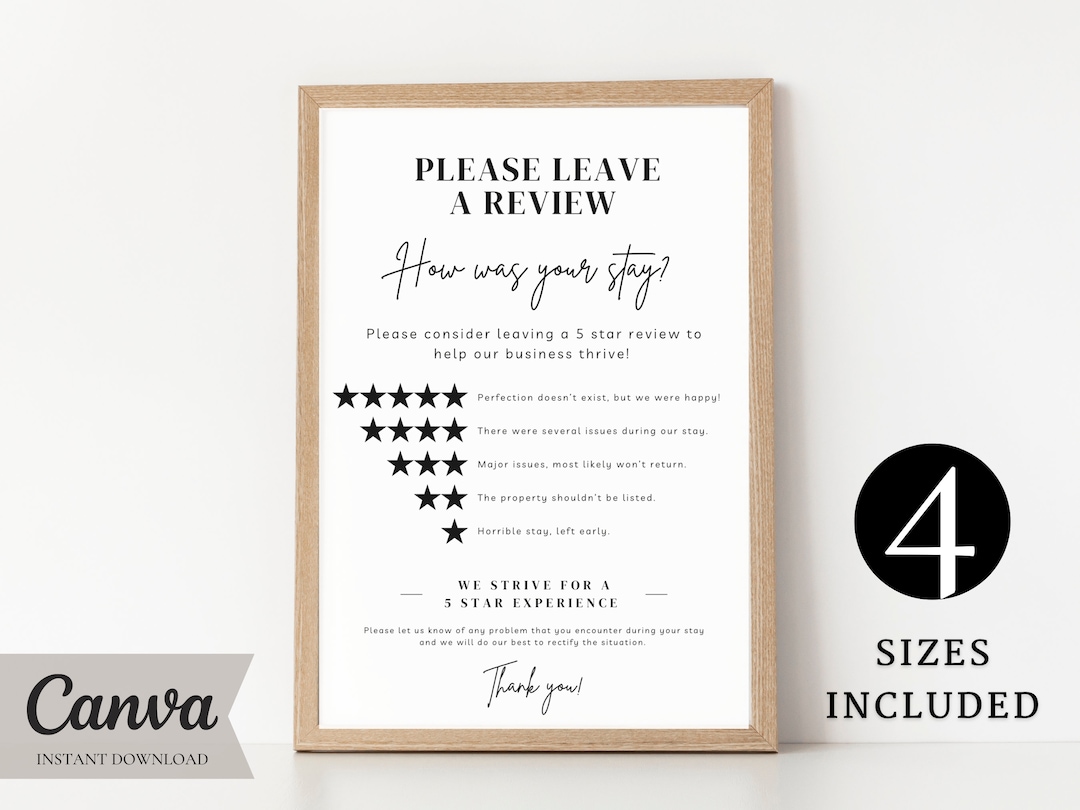 5 Star Rating Explanation Sign Template, Editable Airbnb Star Rating
