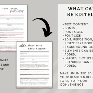 Short-term rental Airbnb contract template with sections for renter information, rental period, rules and restrictions, payment details, security deposit, and more. The form is organized with clear headings & customizable fields for editing in Canva.