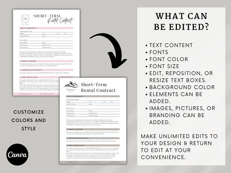Short-term rental Airbnb contract template with sections for renter information, rental period, rules and restrictions, payment details, security deposit, and more. The form is organized with clear headings & customizable fields for editing in Canva.