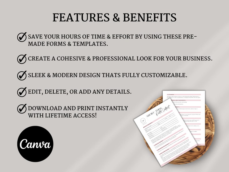 Short-term rental Airbnb contract template with sections for renter information, rental period, rules and restrictions, payment details, security deposit, and more. The form is organized with clear headings & customizable fields for editing in Canva.