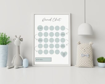 May include: A printable reward chart with a light blue background and a white frame. The chart has a grid of circles with the words "START", "YOU DID IT!" and "REWARD" printed on it. There are also two arrows pointing to the right.