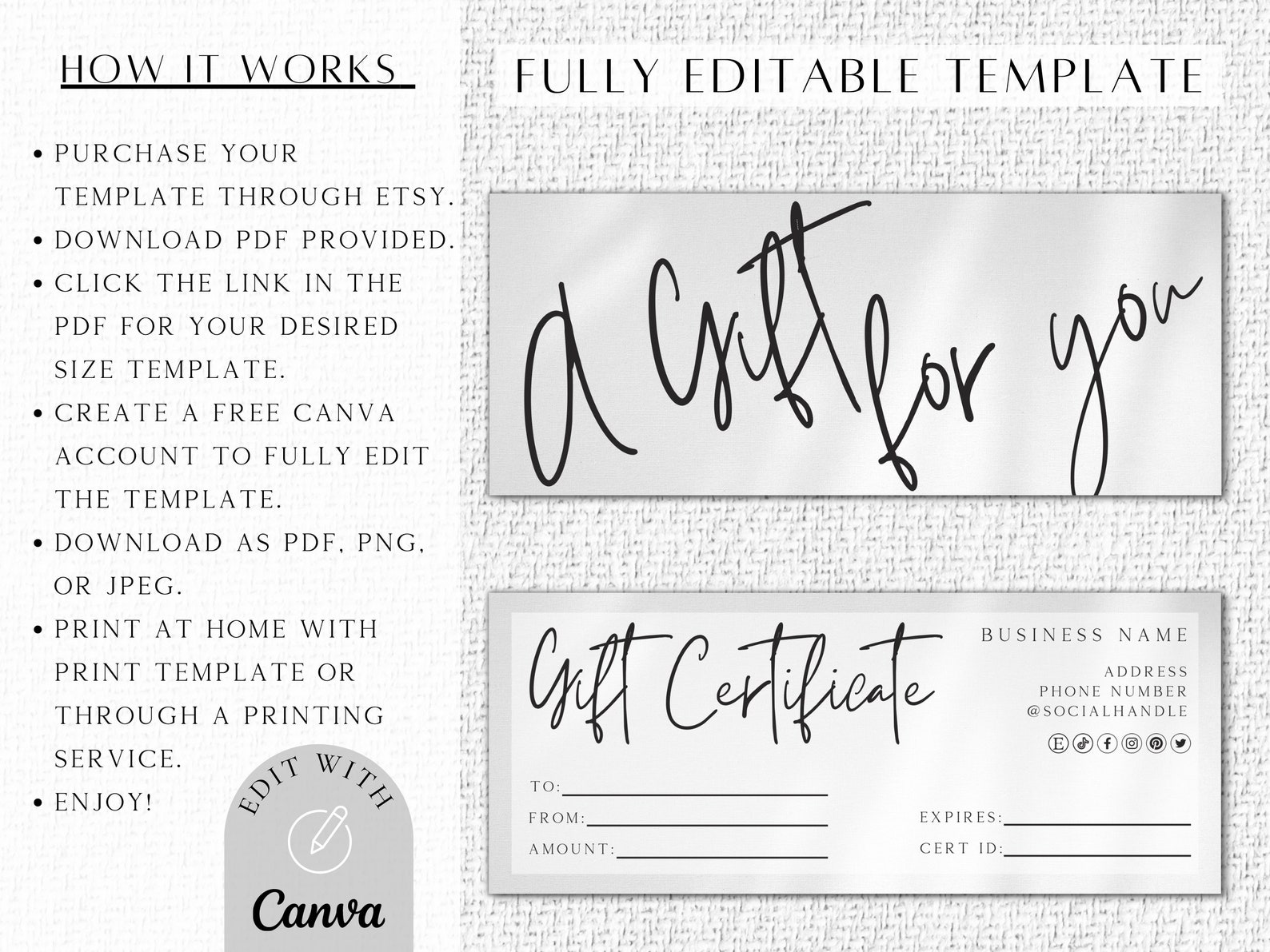 Gift Certificate Template Printable Gift Voucher Editable Etsy