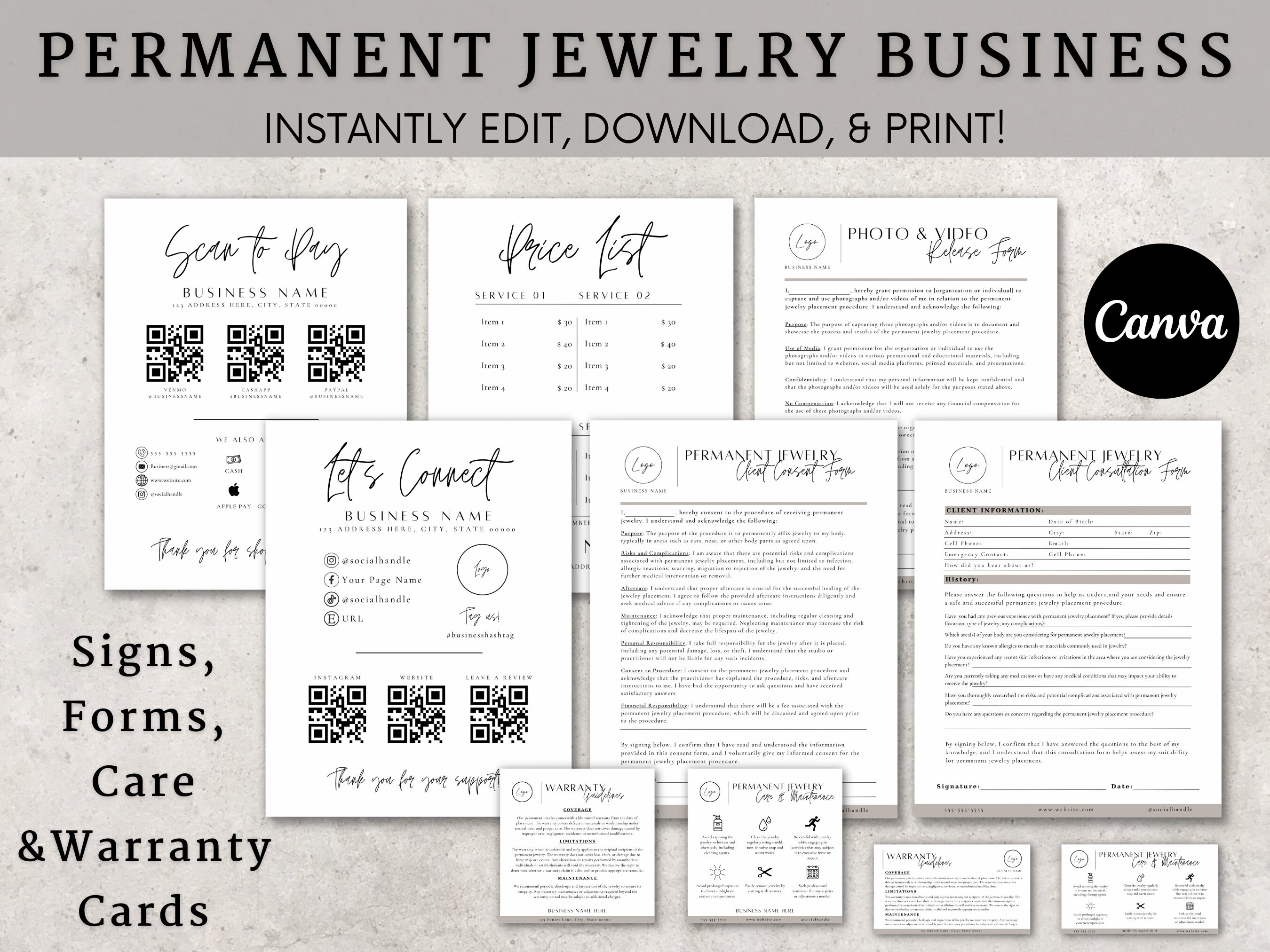Pink Permanent Jewelry Care Card Template, DIY Permanent Jewelry