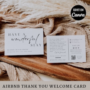 Bearbeitbare Willkommenskarte für Gäste von Airbnb-Gastgebern. Vorlage für Dankeskarte von Airbnb-Gastgebern. Bearbeitbare Canva-Vorlage für Airbnb-Vermietungsmarketing. QR-Code