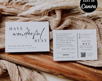 May include: A white welcome card for Airbnb guests with the text "Have a wonderful stay" and the address "123 bayview drive, city, state 00000". The card also includes contact information, a QR code, and the text "Tag us! @socialhandle @socialhandle #yourhashtag".