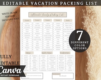 Travel Packing List Planner, Editable, packing list template, Travel List, family packing list, printable, holiday planner, travel planner