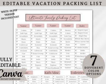 Travel Packing List Planner, Editable, packing list template, Travel List, family packing list, printable, holiday planner, travel planner