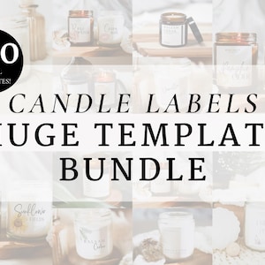 Puede incluir: Una colección digital de 200 plantillas de etiquetas para velas con varios diseños y aromas. La imagen muestra varios frascos de vidrio con etiquetas blancas, incluyendo texto como Pumpkin Spice, Sunflower Fields y Balsam Cedar, con un logotipo de Canva.