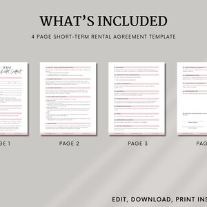 Short-term rental Airbnb contract template with sections for renter information, rental period, rules and restrictions, payment details, security deposit, and more. The form is organized with clear headings & customizable fields for editing in Canva.